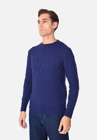 Maglione lavorato a maglia blu navy con un motivo a diamante testurizzato, polsini e orlo a coste, e un classico design a girocollo.