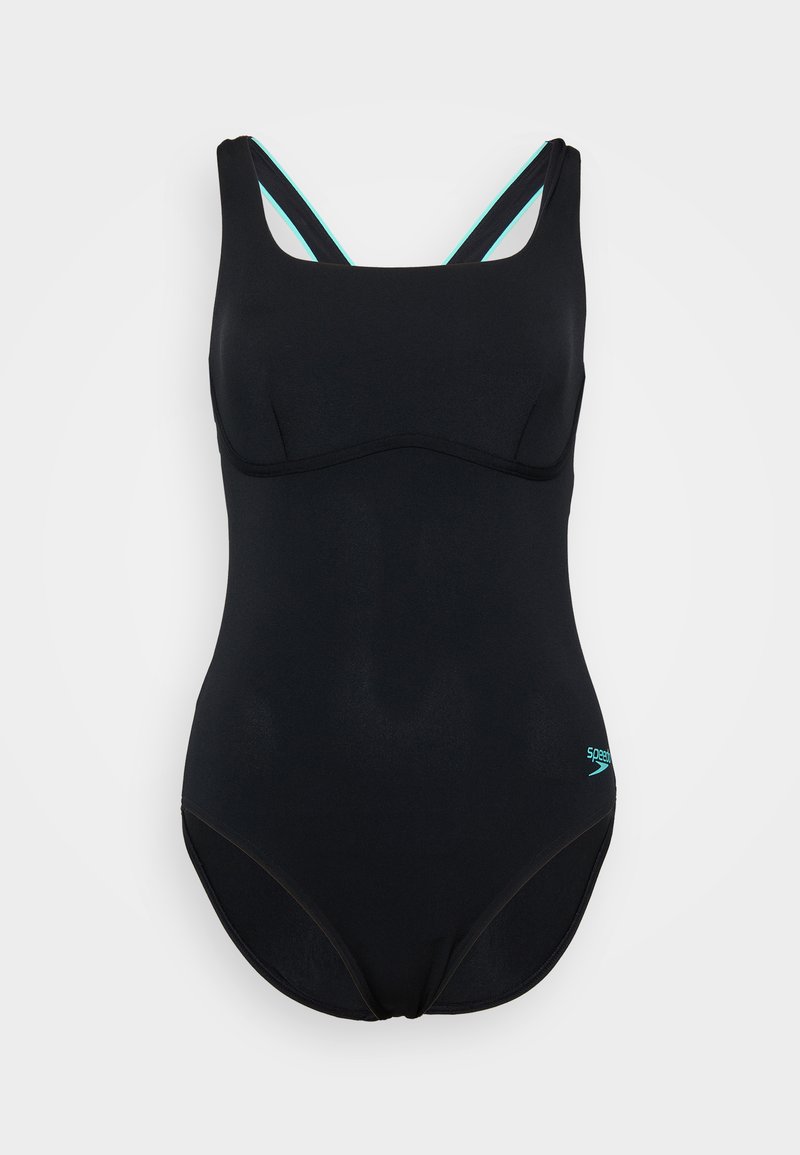 Maillot de bain noir avec un décolleté carré, un design en double bretelle et des accents bleu clair. Fabriqué en tissu texturé, il présente une silhouette ajustée.