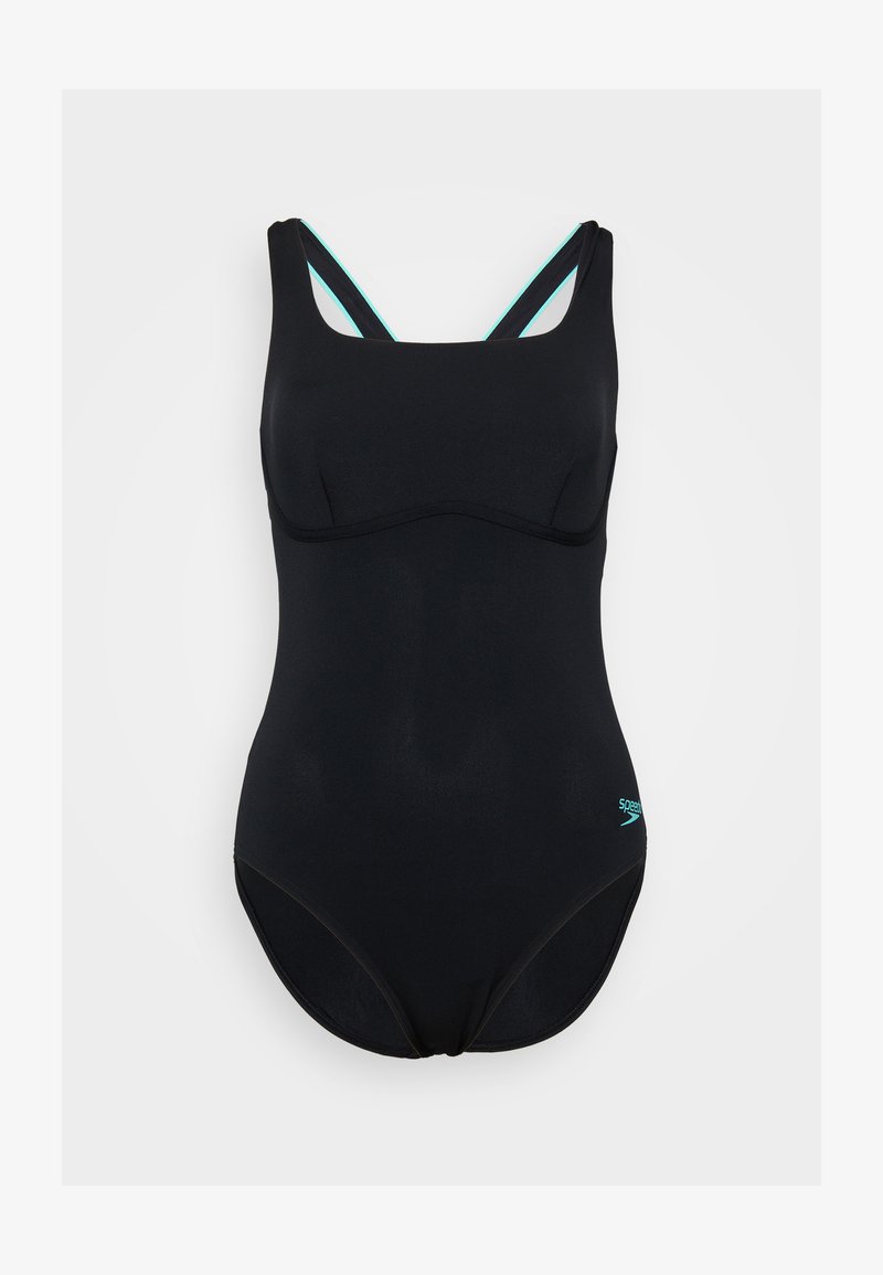 Maiô preto com decote quadrado, design de duas alças e detalhes em azul claro. Feito de tecido texturizado, apresentando uma silhueta ajustada.