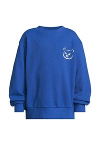 Blå sweatshirt gjord av texturerat tyg, med rund halsringning och oversized passform, samt en vit björngrafik på vänster bröstområde.
