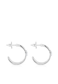 Kolczyki kółka w srebrnym odcieniu z polerowanym wykończeniem, o gładkim, okrągłym kształcie i zapięciem na sztyft.