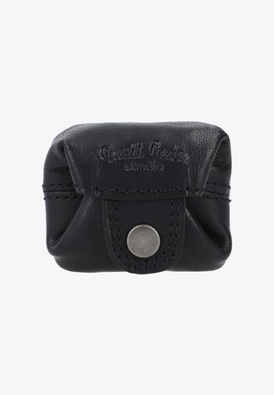 Black leather pouch with stitched accents and a silver snap button closure. Features a textured surface and raised logo detail on the front.