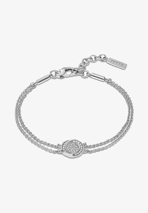 Bracelet à double chaîne argentée avec un pendentif circulaire serti de petits cristaux et un fermoir à homard avec une chaînette réglable.