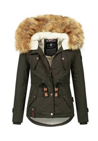 Zielona parka z kapturem z sztucznego futra, z zamkiem i zapięciem na guziki, dwoma przednimi kieszeniami z klapami i miękką podszewką.