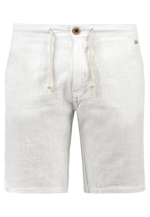 Weiße Leinen-Shorts mit strukturierter Oberfläche, verstellbarem Kordelzug, Knopfverschluss und Seitentaschen. Lässiges und leichtes Design.
