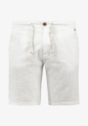 Weiße Leinen-Shorts mit strukturierter Oberfläche, verstellbarem Kordelzug, Knopfverschluss und Seitentaschen. Lässiges und leichtes Design.