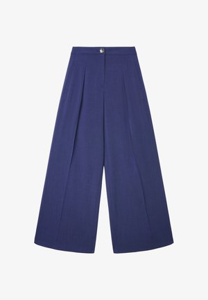 Pantaloni a gamba larga blu navy realizzati in tessuto leggero con vita alta, pieghe frontali e chiusura con un solo bottone in vita.
