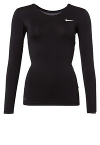 Černé dlouhé rukávy přiléhavé sportovní tričko Nike s kulatým výstřihem a bílým logem Nike swoosh na horní levé části hrudi.