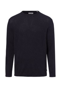 Morbido maglione a maniche lunghe di colore blu scuro, con scollatura rotonda, tessuto testurizzato e motivo sottile. Etichetta visibile sul retro.