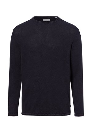 Dunkelblaues, langärmeliges Strickpullover mit rundem Ausschnitt, strukturiertem Stoff und dezentem Muster. Etikett sichtbar auf der Rückseite.