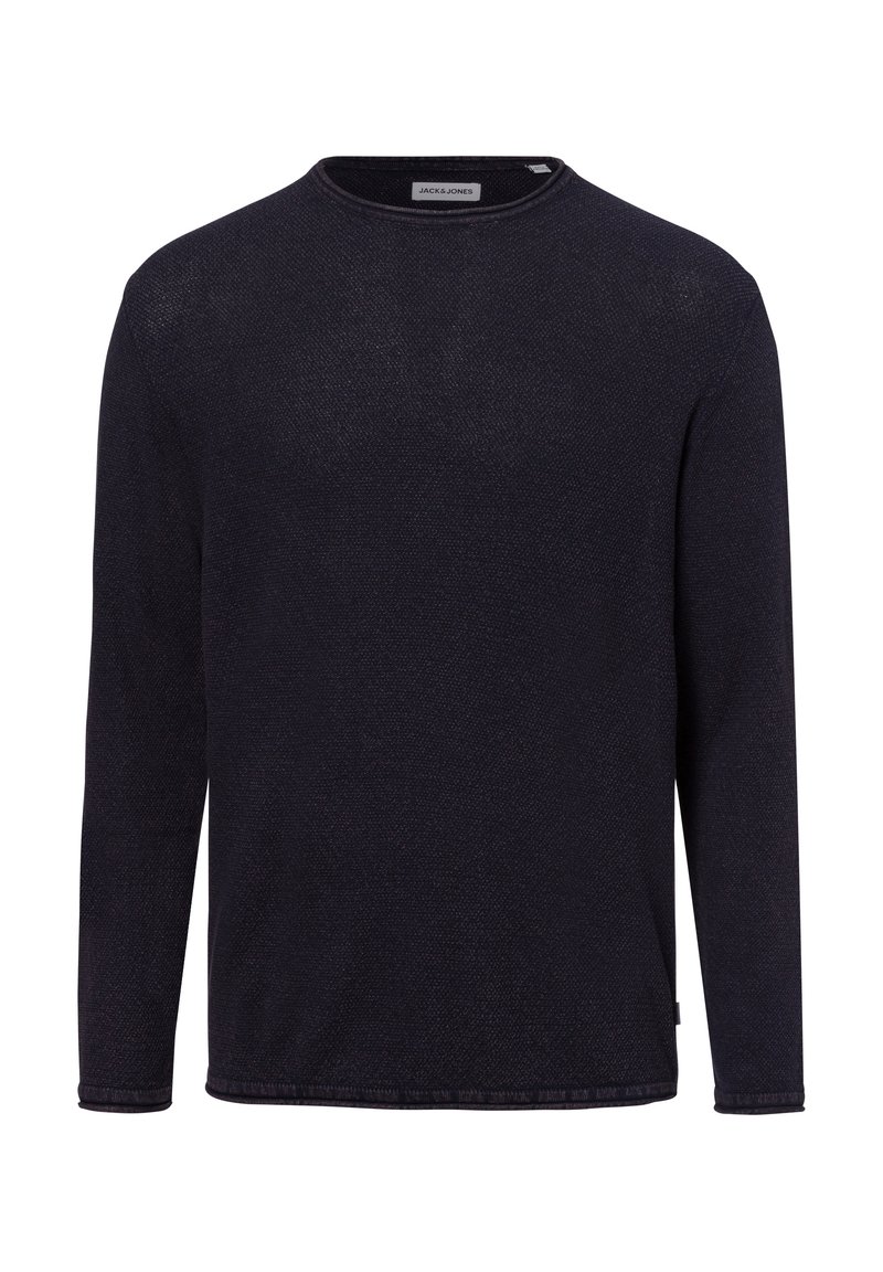 Morbido maglione a maniche lunghe di colore blu scuro, con scollatura rotonda, tessuto testurizzato e motivo sottile. Etichetta visibile sul retro.