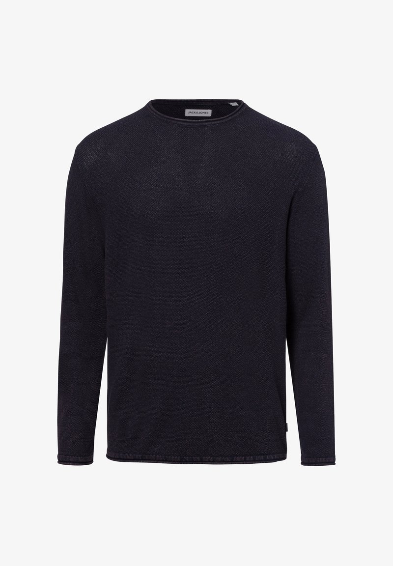 Morbido maglione a maniche lunghe di colore blu scuro, con scollatura rotonda, tessuto testurizzato e motivo sottile. Etichetta visibile sul retro.