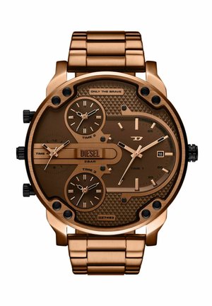 Bronzefarbene Diesel-Uhr mit drei Unterzifferblättern, strukturiertem braunem Ziffernblatt, auffälligen Ziffern und einem Metallarmband. Wasserdicht bis 3 bar.