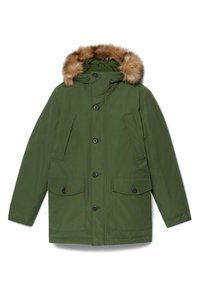 Groene parka jas van stof met een gevoerde capuchon van nepbont, voorzien van twee borstzakken, twee voorklepzakken en knoopsluitingen.