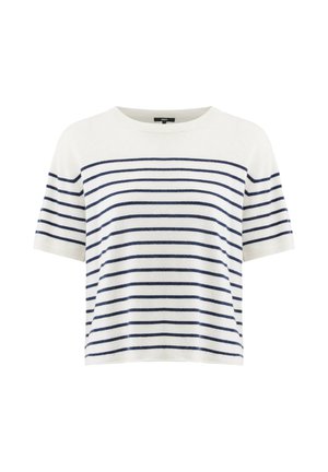 Witte korte mouw gebreide top met marineblauwe horizontale strepen en een ronde hals