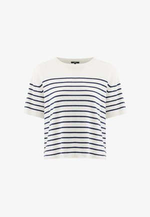 Weißes Strickoberteil mit kurzen Ärmeln, navyblaue horizontale Streifen und Rundhalsausschnitt