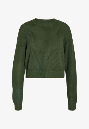 Olive green cropped sweater with a ribbed texture, round neckline, and long sleeves. Features a relaxed fit and knitted pattern throughout.