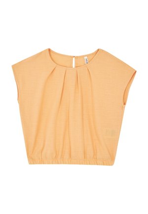 Perzikkleurige blouse met korte mouwen, een ronde halslijn, plooien aan de voorkant, knoopsluiting met oogje aan de achterkant en elastische zoom.