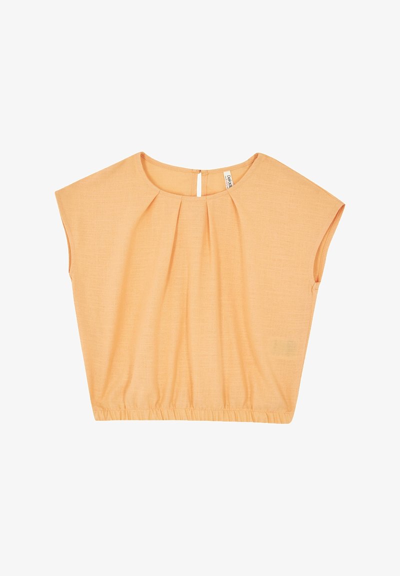 Blouse pêche à manches courtes avec col rond, plis devant, fermeture par bouton en forme de gouttière au dos et ourlet élastiqué.