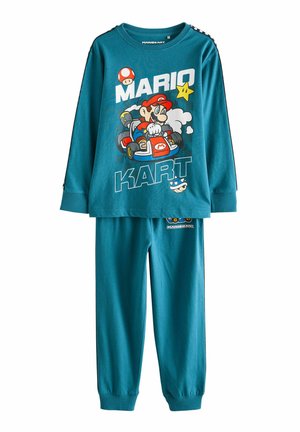 Teal pyjamahousut, joissa on pitkähihainen paita Mario Kart -grafiikalla ja yhteensopivat joustovyötäröiset housut, jotka on valmistettu pehmeästä puuvillamateriaalista.