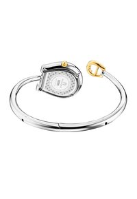 Orologio a bracciale in acciaio inox argentato con cassa a forma di cuore, quadrante bianco, corona in oro giallo e accenti di diamanti per un tocco decorativo.