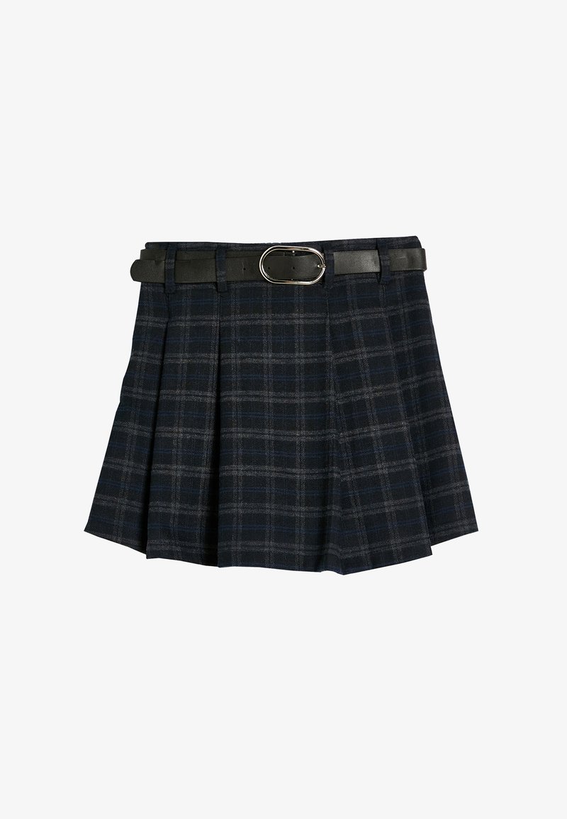 Falda a cuadros en tonos navy con plisados, que cuenta con un cinturón negro con una hebilla ovalada plateada. Hecha de un tejido texturizado con acentos en gris claro.
