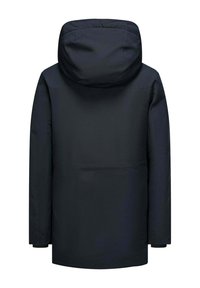 Veste à capuche bleu marine, avec une texture lisse, des manches longues et une coupe droite. Présente un design simple et est fabriquée à partir de matériau résistant aux intempéries.