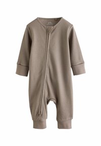 Body de bebé beige con rayas, de manga larga, con cierre frontal de cremallera y puños ajustados, fabricado en un material suave y texturizado.