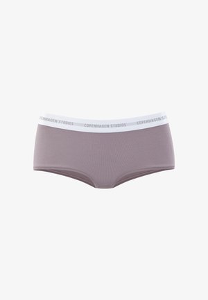 Women's mauve hipster briefs with white elastic waistband featuring "Copenhagen Studios" text in grey.