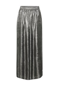 Jupe longue argentée métallique en tissu lisse, dotée d'une taille élastique et d'un design fluide qui tombe jusqu'aux chevilles.