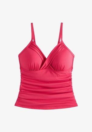 Roosa naiste tankiinibikiini ujumistopp reguleeritavate õlapaeltega ja voltidega rinna ning vööpiirkonna ümber.