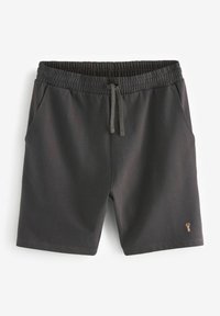 Dark grey shorts made of soft fabric, featuring an elastic waistband with a drawstring, two side pockets, and a small logo accent.