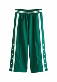 Shorts de sport verts avec des rayures blanches sur les côtés, une taille élastique et des accents de boutons-pression le long des coutures latérales. Texture de tissu lisse.