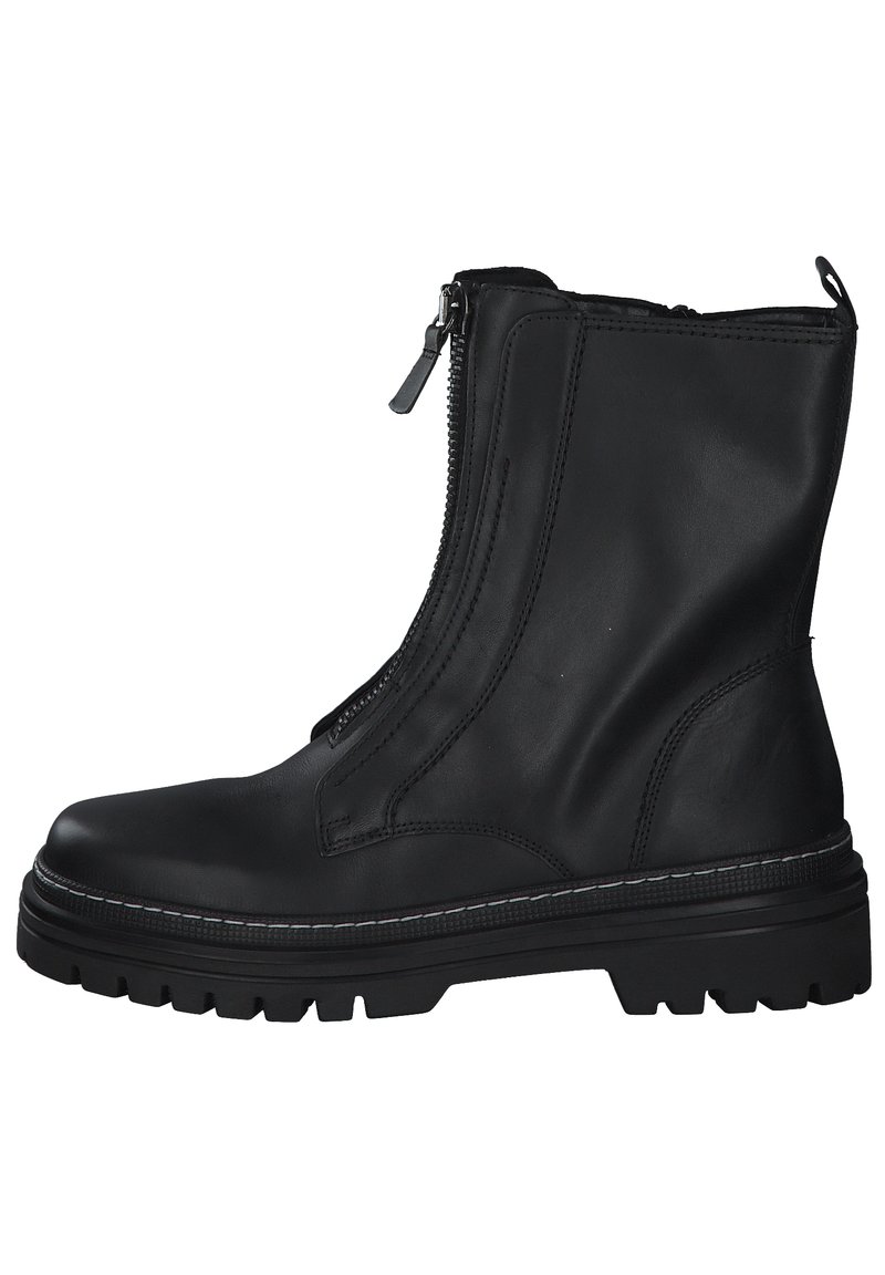 Stivaletto in pelle nera con zip laterale, superficie texturizzata, suola in gomma spessa e cuciture bianche a contrasto lungo il bordo della suola.