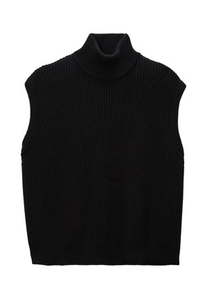 Pull en tricot noir sans manches à col montant avec une texture côtelée, présentant un col haut et un ourlet droit.