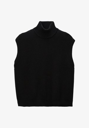 Pull en tricot noir sans manches à col montant avec une texture côtelée, présentant un col haut et un ourlet droit.