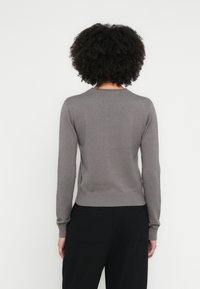 Maglione grigio lavorato a maglia con maniche lunghe, scollo rotondo e orlo a coste. Visto da dietro, presenta una trama liscia. Abbinato a pantaloni neri.