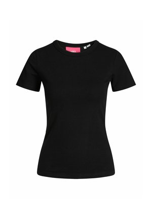 T-shirt nera attillata da donna a maniche corte con scollo rotondo, mostrata su sfondo bianco.