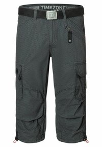 Cargo pants in dark gray, featuring a textured pattern, multiple pockets, and a black belt with a silver buckle and zipper detail.