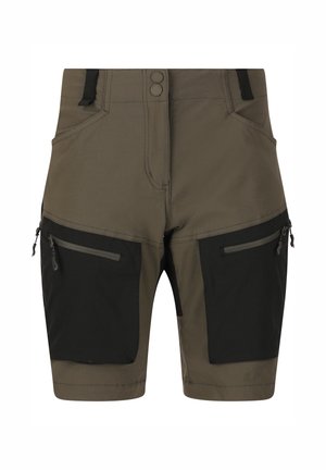 Olivegröna shorts med svarta accenter, dragkedjefickor, knäppning och skräddarsydd passform. Tillverkade av ett hållbart och lätt material.