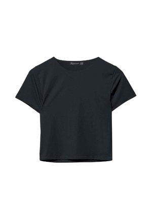 Czarny krótki t-shirt z krótkim rękawem i okrągłym dekoltem, prezentowany na jednolitym białym tle.