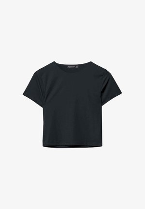 Czarny krótki t-shirt z krótkim rękawem i okrągłym dekoltem, prezentowany na jednolitym białym tle.