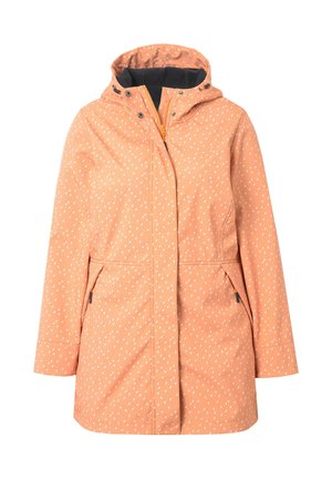 Chaqueta impermeable naranja con un diseño de gotas blancas, cierre frontal con cremallera, capucha ajustable, dos bolsillos laterales y puños elásticos. Textura suave.