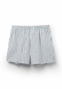 Shorts pour hommes rayés en bleu clair avec de fines rayures verticales bleues et marron foncé. Taille élastique avec fermeture à bouton, texture de tissu douce.