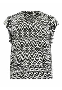 Black and white patterned top with a V-neck and ruffled sleeves. Features a geometric design with diamonds and zigzags throughout.