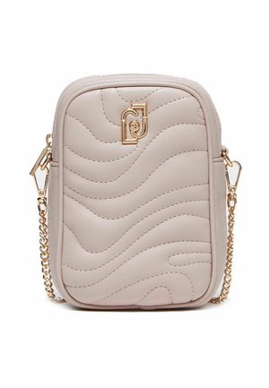 Petit sac bandoulière matelassé beige avec une chaîne dorée et un logo géométrique doré au centre avant.