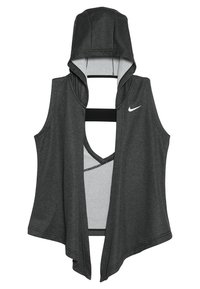 Niken hihaton huppari, tummanharmaa kangas, avoin edestä, hupulla ja verkkokuvioinnilla. Rinnassa pieni valkoinen logo.