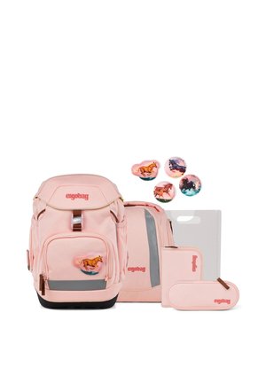 Pink school backpack, lunch bag, pencil case, and four horse-themed badge buttons arranged on a white background.