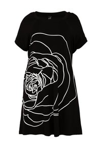 Zwart T-shirt met korte mouwen, voorzien van een groot ontwerp van een witte rozenomtrek. Gemaakt van een zachte, rekbare stof met een comfortabele pasvorm.