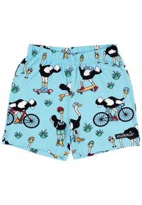 Jasnoniebieskie szorty z wzorem przedstawiającym kreskówkowe strusie zajmujące się takimi aktywnościami jak jazda na rowerze i jazda na deskorolce. Elastyczny pas, miękka tkanina.
